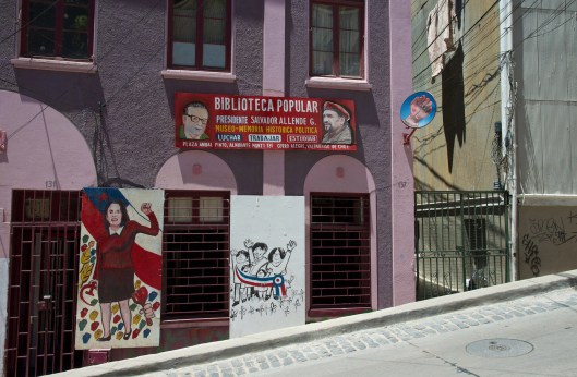 The sign over the library windows features Salvador and Youri